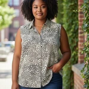 Chico's No Iron 100% Linen Tunic Leopard Print Sleeveless Office Boho SZ 3 16/18